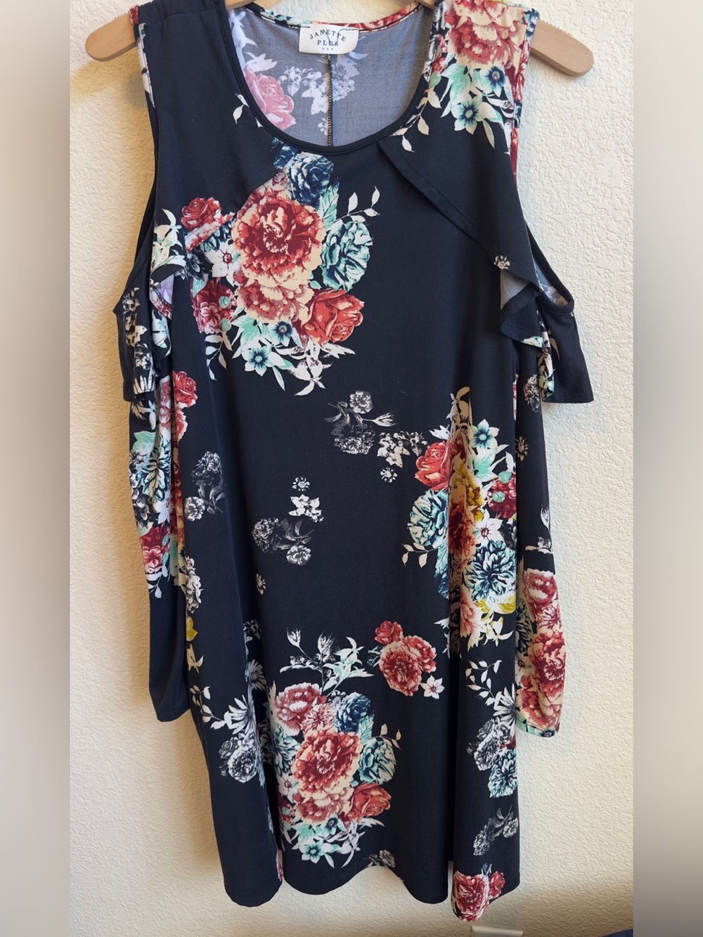 Janette Plus Black Cold-Shoulder Floral Dress with Red and Teal Blooms